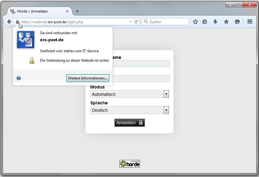 Zertifikat ist erfolgreich in Firefox installiert - hier am Beispiel des regionalen E-Mail-Anbieters ERZ-Post.de